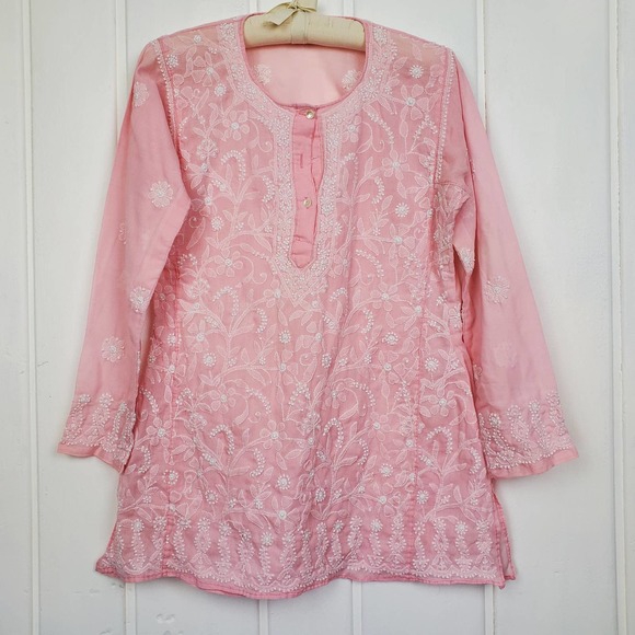 Vintage Hand Embroidered Pink Cotton Floral Bohemian Henley Womens Medium - Picture 1 of 9